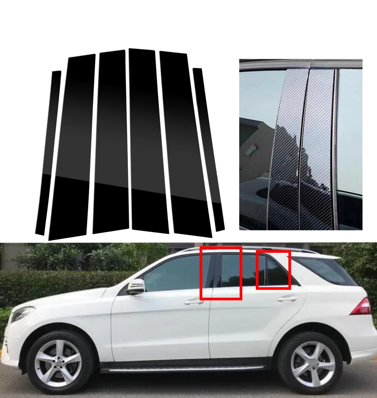 

Fit For Mercedes M-Class W166 2012 2013 2014 2015 6pcs Silvery Carbon Glossy Black Pillar Posts Door Window Sticker Cover