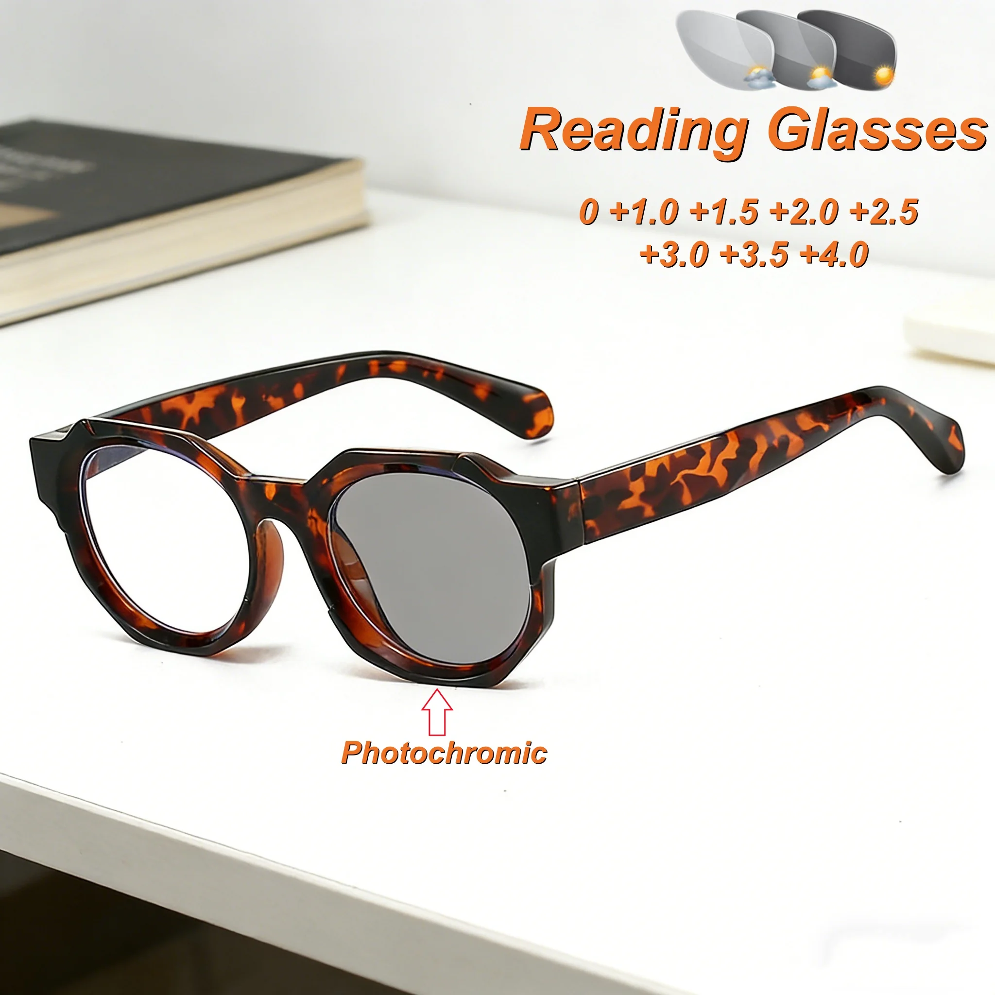 

2026 New Fashionable Personalized Polygonal Photochromic Women's Reading Glasses Retro Neutral HD Anti Blue Light Glasses