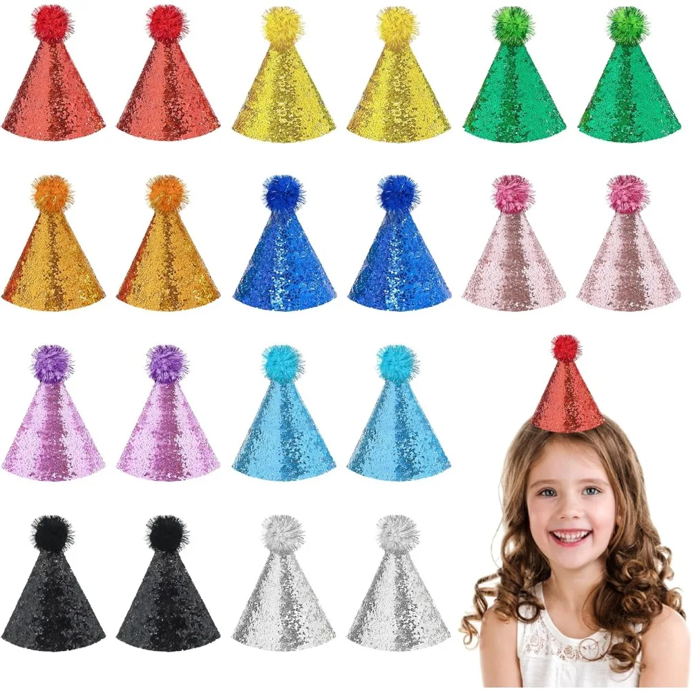 

10 or 20 Pcs Kids Party Hats Birthday Party Hats with Pom Poms Glitter Cone Hat for Adults Stuffed Animals Toys