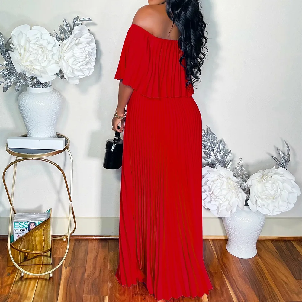 Summer Chic Sexy Holiday Long Dress Elegant Solid Off Shoulder pleated long gowns Women Floor Length Beach Evening Party Dress