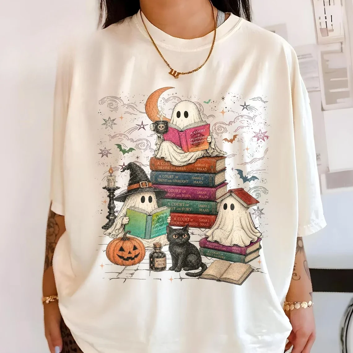 Halloween Bookish Ghost Reading Stack T-Shirts ACOTAR Book Lover Ghost Black Cat Pumpkin Graphic Tee Spooky Reader Gildan Shirt