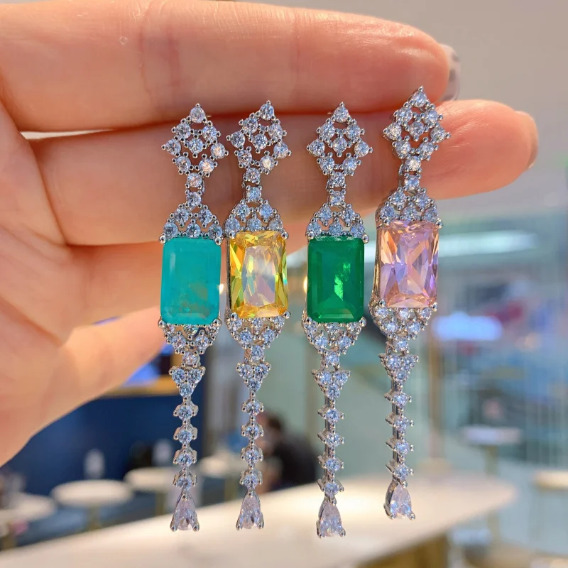 

S925 Silver Needle Earrings Colorful Zircon Tassel Drop Earrings European and American Style Long Earrings