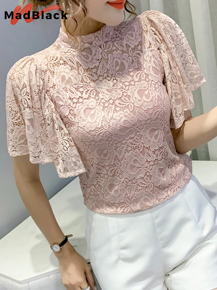 MadBlack Summer European Clothes T-Shirt Chic Sexy Lace Hollow Out Women Tops Short Flare Sleeve 2022 Casual Solid Tees T23004X
