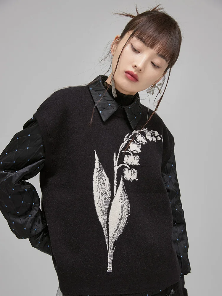 

Женский вязаный жилет с цветочным узором, свободный крой, повседневный, с круглым вырезом, длинными рукавами, черный, модный, удобный, из модаловой смеси