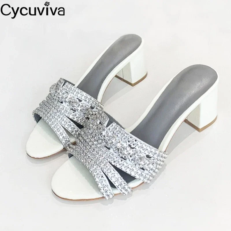 Rhinestone Chunky Heel Slippers Women Crystal Ladies Shoes Black Red Beach Shoes Sandals Summer Runway Shiny Party Shoes Female