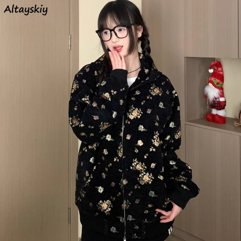 

Floral Jackets Women Baggy Vintage Sweet Cool Outwear American Style Warm Soft Preppy Fashion Tender Chaqueta Mujer Streetwear
