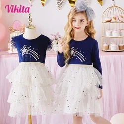 VIKITA Girls Star Sequined Appliqued Dress Kids Patchwork Layered Tulle Princess Shiny Dresses Girls Casual Daily Party Vestidos