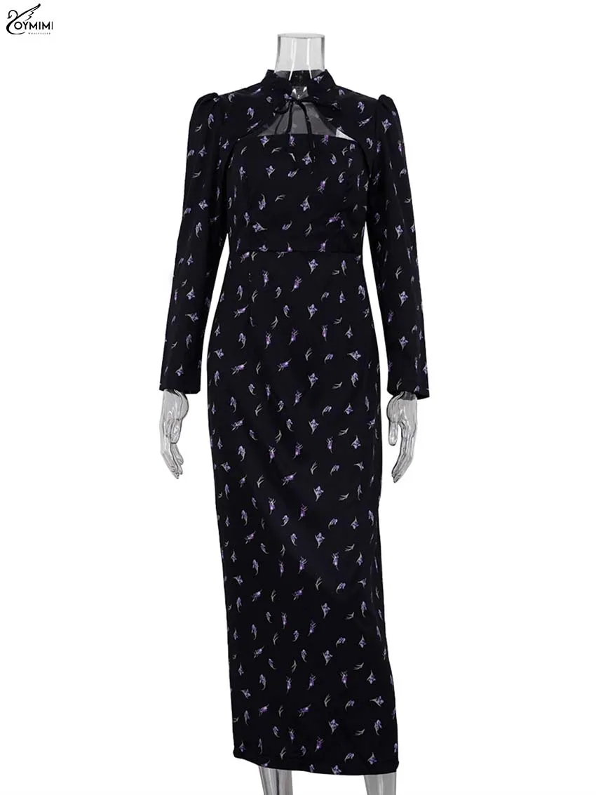 Oymimi Elegant Black Print Women's Dress Fashion Stand Neck Long Sleeve Lace-Up Dresses Casual Straight Ankle-Length Dresses