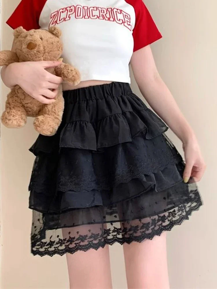 Fashion Japan Cake Skirts Women Sweet High Waist Mini Skirt Vintage Casual Preppy Style Lace Patchwork Elegant Skirts for Women