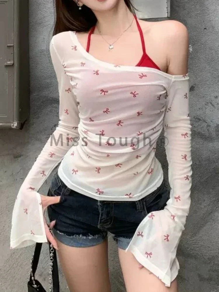 2024 New Casual Women's Diagonal Bow Print Long Sleeve Slim T-shirt Lace-up Vest Two-piece Set