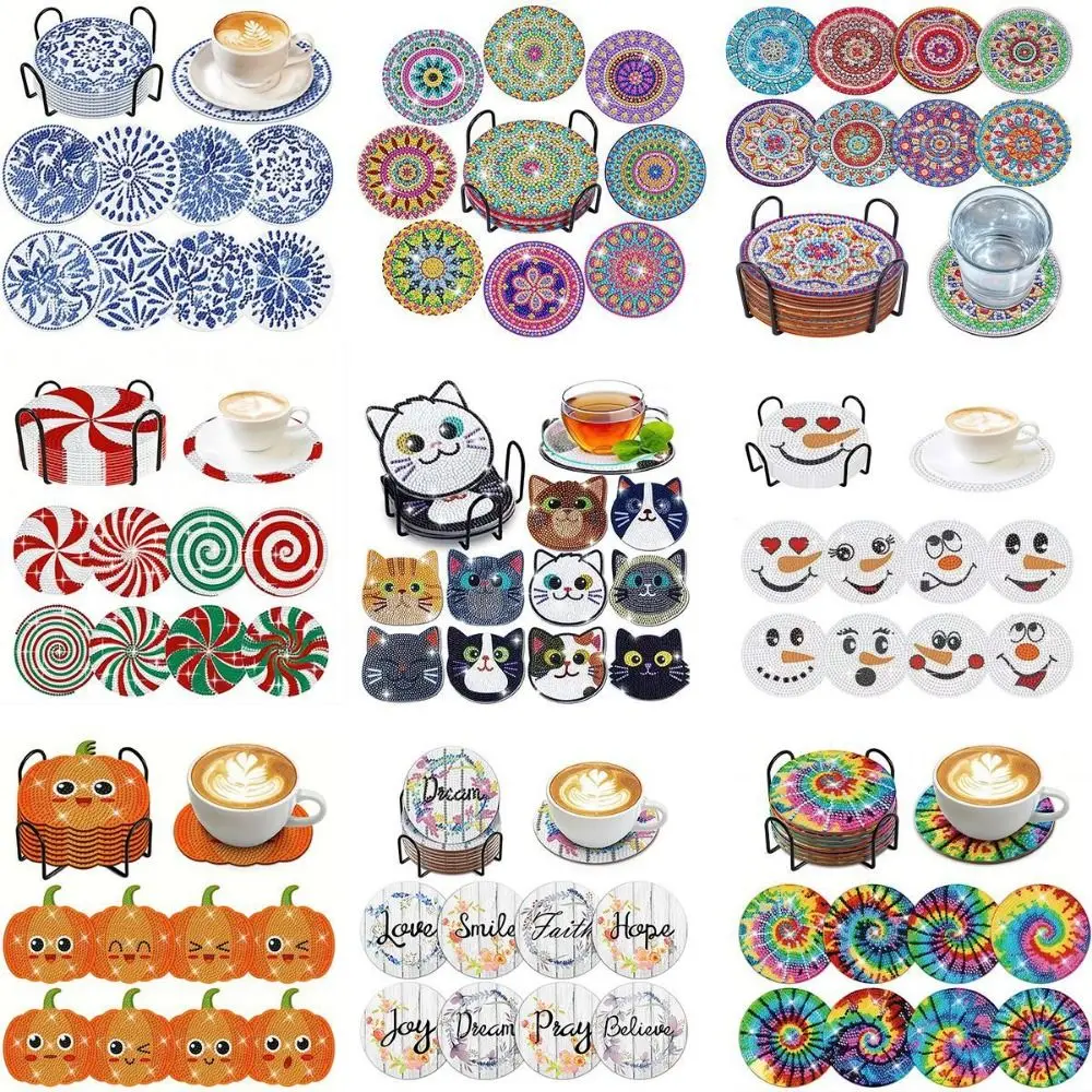 Mandala Diamond Painting Coasters Kit Anti Slip Shining Acrylic Diamond Paintings with Holder Stress-reducing Kitchen Dish Mat