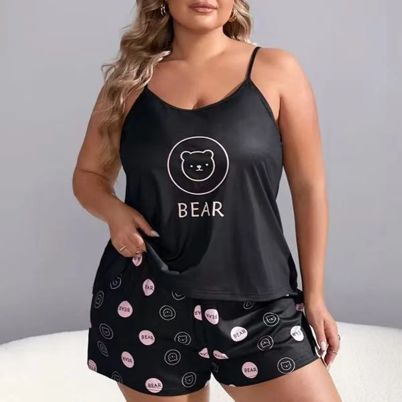 

Plus Size Women's Pajamas Set Bear Print Sleeveless Screw Top & Shorts Female 2 Pieces Sleepwear Nightwear Homewear Cloth