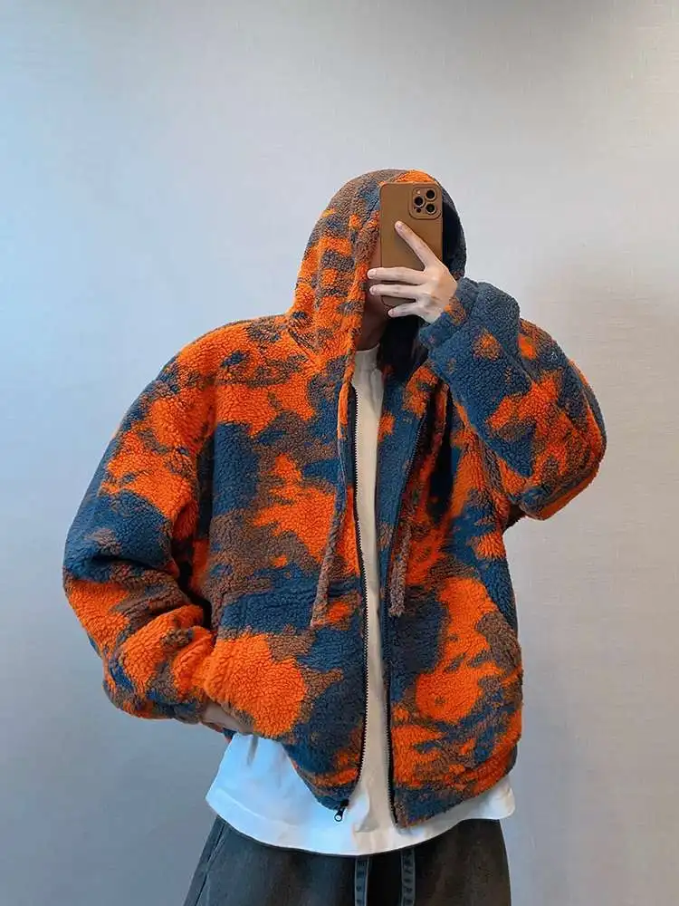 Chaqueta Sherpa Retro de invierno para hombre, abrigo de piel con capucha de gran tamaño naranja, ropa de calle gruesa y cálida, Parkas forradas de lana