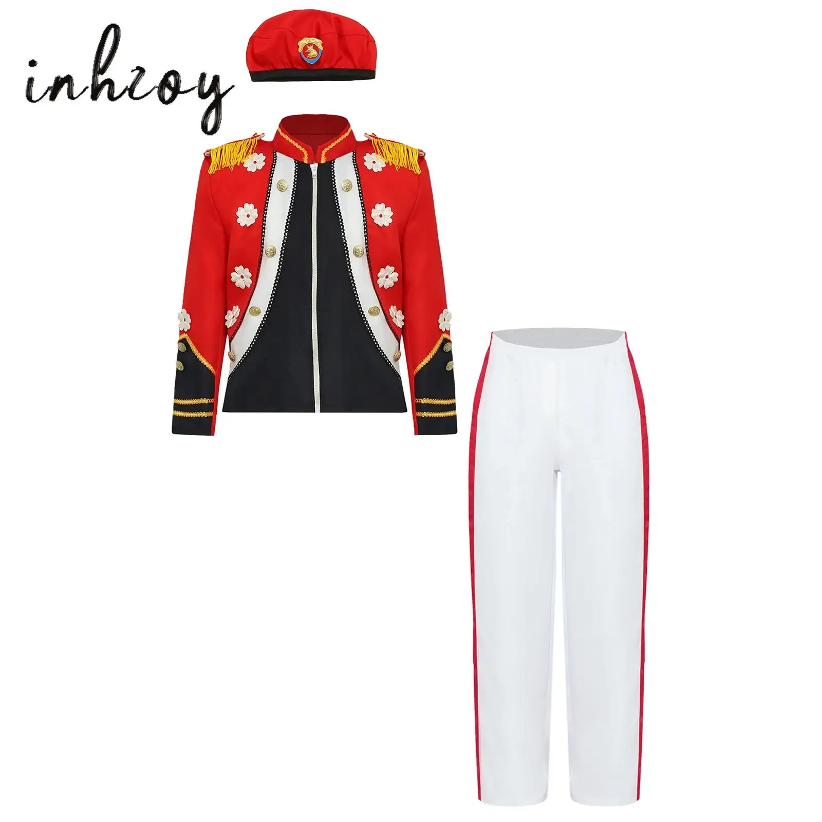 Boys Girls Nutcrackers Costume Drum Trumpet Royal Honor Guard Uniform Drummer Conductor Performance Jacket Coat+Hat+Pants Set