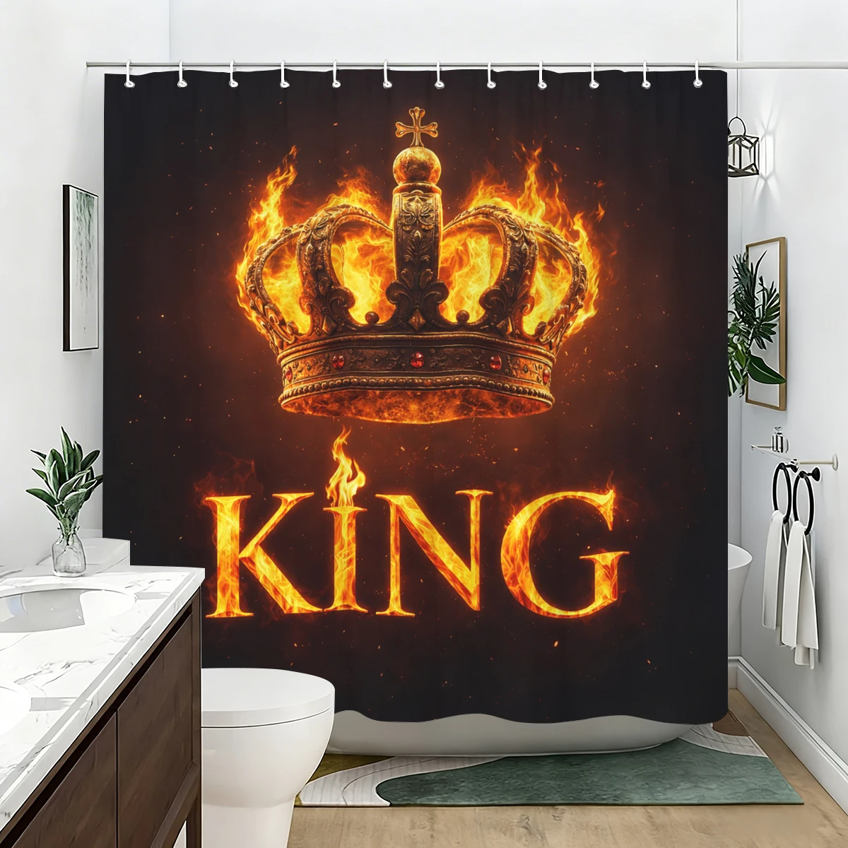 Vivid Themed Polyester Shower Curtain - Lighthouse, Wolf, Crown & Dragon Printed Bathroom Decorative Curtain