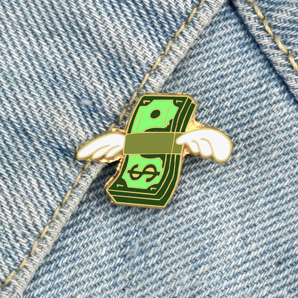 Unique Flying Wings Money Brooch Creative A dozen dollars Lapel Pins Bag Denim Enamel Badge for Friends Gift Jewelry Accessories