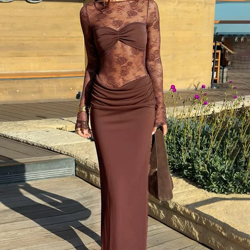 

Mesh Patchwork Backless Sexy Maxi Dress Women Fashion Lace See Through Long Sleeve Ruched Club Party Long Dress Female