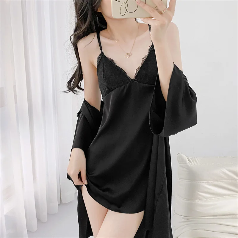 Sleepwear 2PCS Robe Set Summer Silky Satin Bathrobe Gown Suit Women Lingerie Nightwewar Lace Kimono Nightgown Loungewear