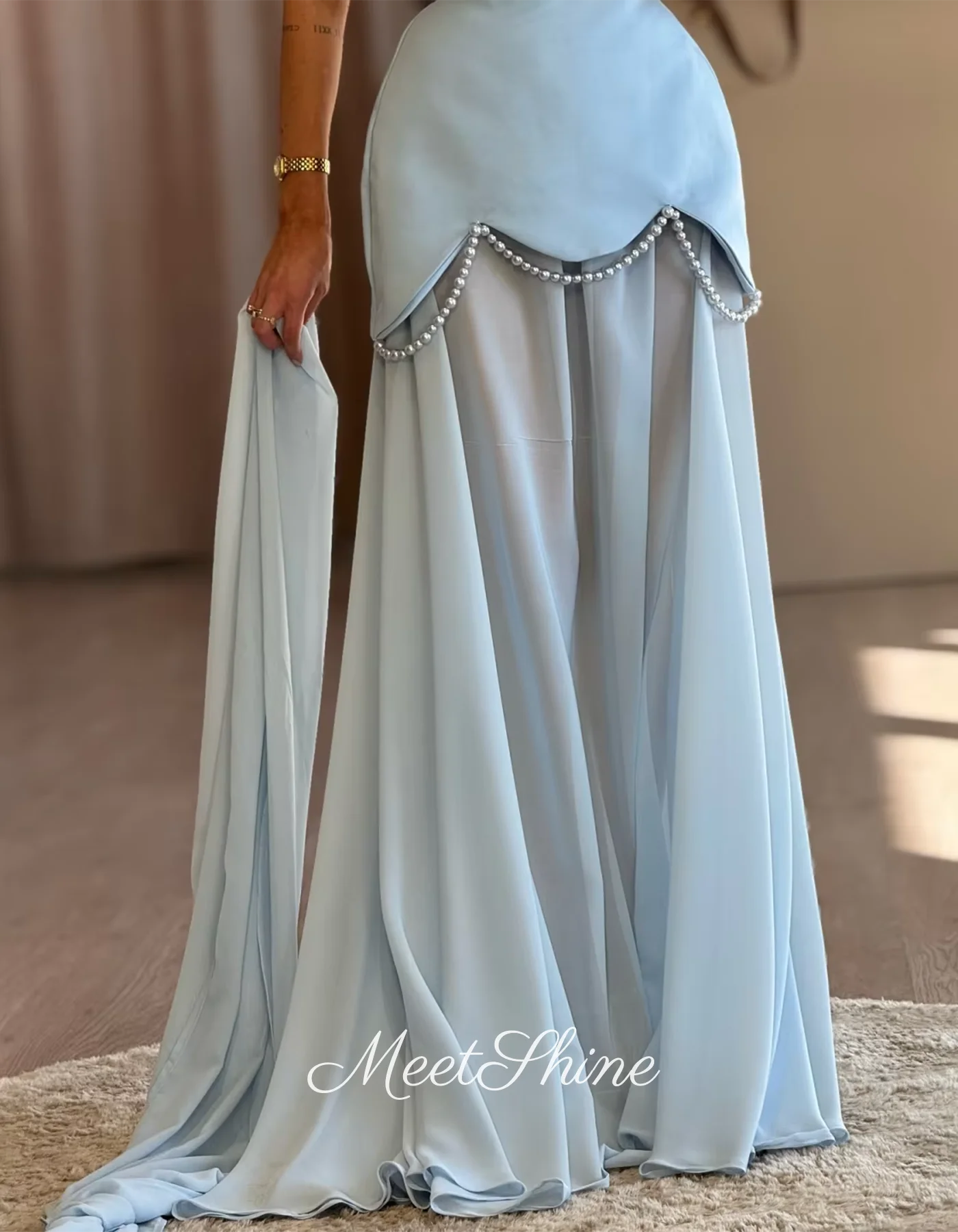Sky Blue Strapless Chiffon Evening Dresses Elegant Saudi Arabia Mermaid Prom Dresses Formal Wedding Party Dress Customized 2025