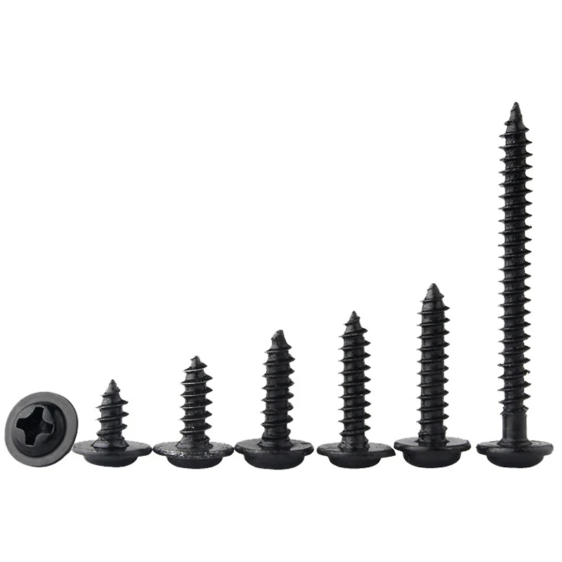 100pcs/lot Black Self-tapping Screw Pan Pwa Round With Washer Cushion M1.4 M1.7 M2 M2.3 M2.6 M3 M3.5 M4