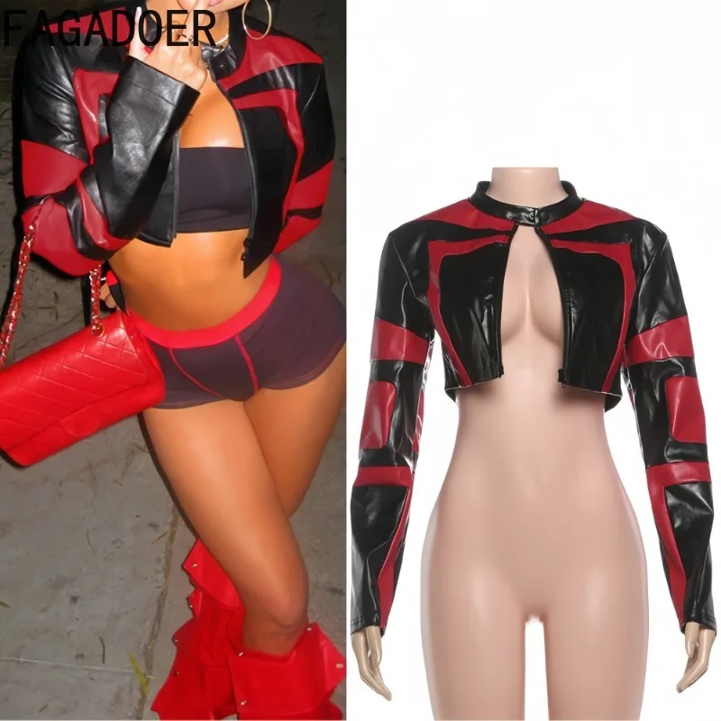 

FAGADOER Sexy Leather Patchwork Jacket for Woman Moto Color Block Long Sleeves Crop Top Female Streetwear Clothing 2025 New