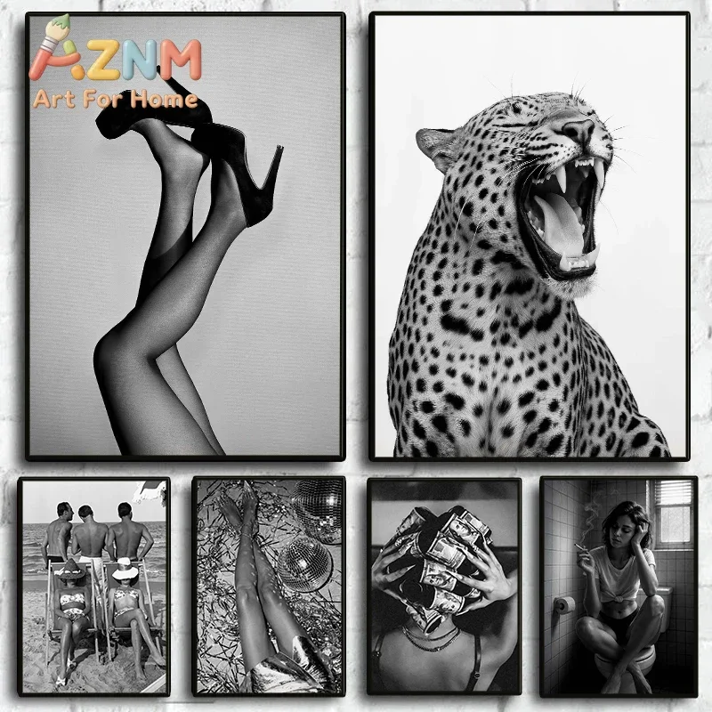 2026 Stylish Fashion Black and White Poster Sexy Female Leopard Vintage Canvas Painting Luxury Wall Art Living Room Home De