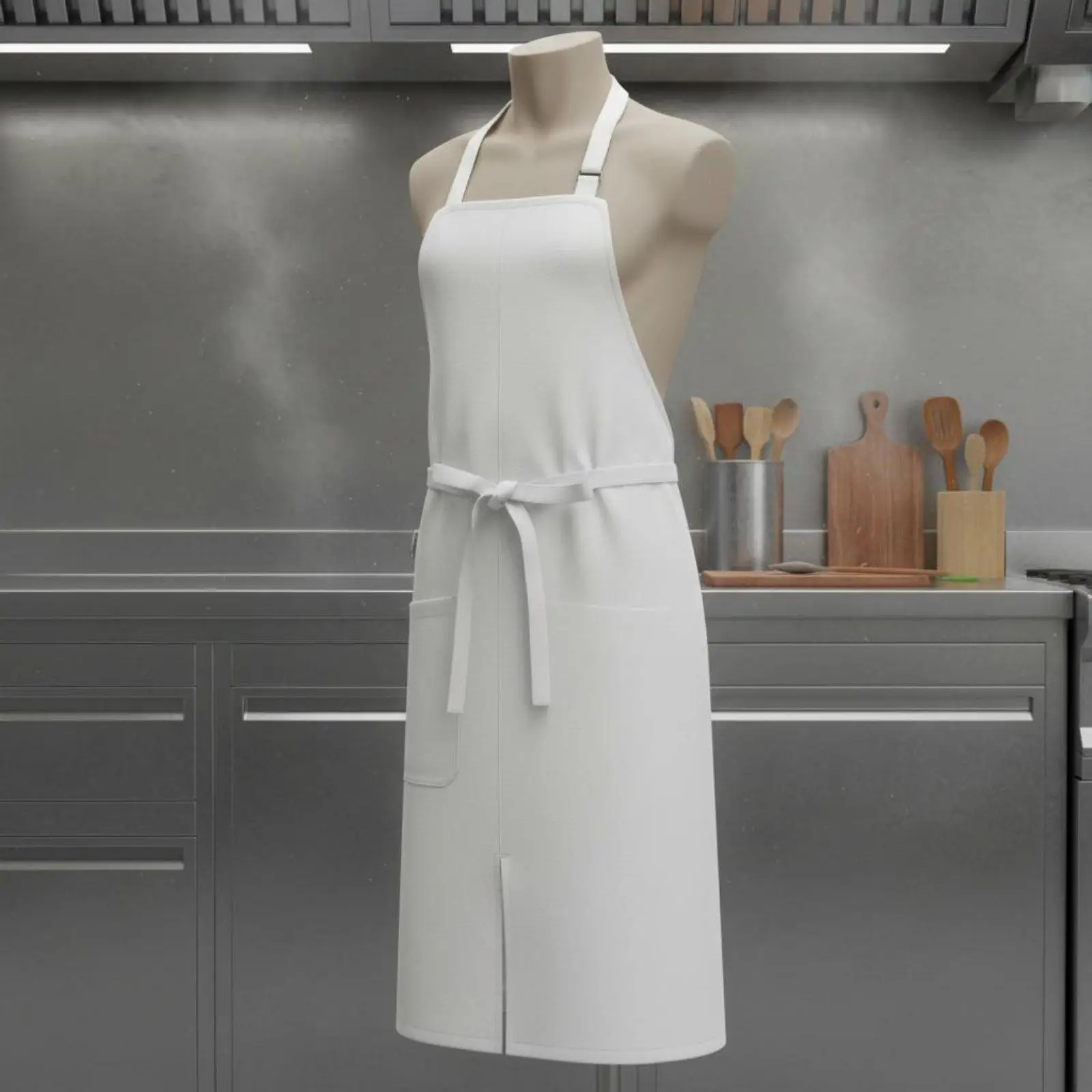 Long Waist Kitchen Apron for Studio Work with Pockets Lightweight Polyester Split Leg Design for Professional Use