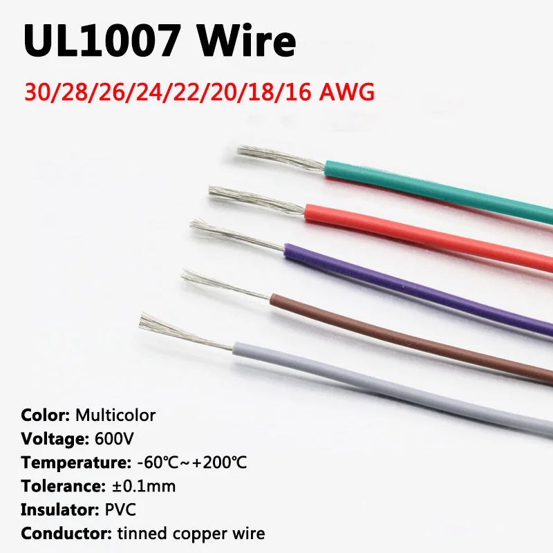 Cable de cobre electrónico de silicona Flexible resistente a altas temperaturas, Cable UL1007 de 1M, 30, 28, 26, 24, 22, 20, 18, 16 AWG, 600V