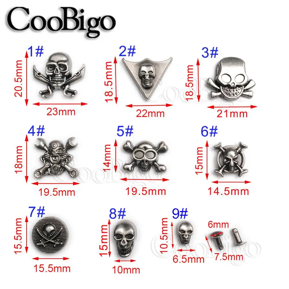 10Sets Pirate Skull  Punk Rock Rivet Metal Spike Stud Rivets for Leather Craft DIY Garment Sewing Decorative Accessories Retro