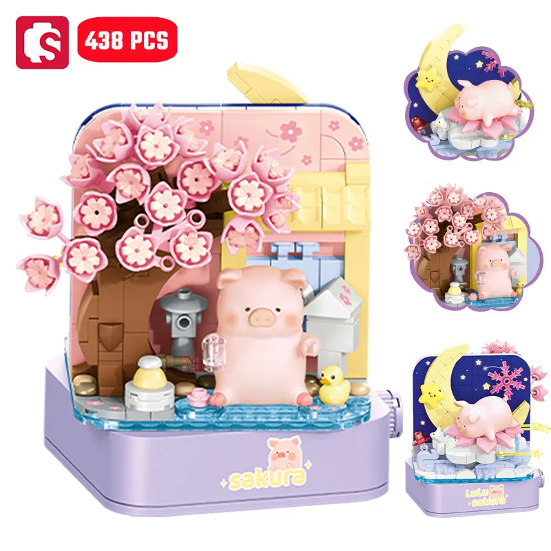 

SEMBO 438pcs Sakura Piggy Assemblage Building Blocks Double Sided World Series Model Bricks Ornaments Toys for Kids Girls Gifts