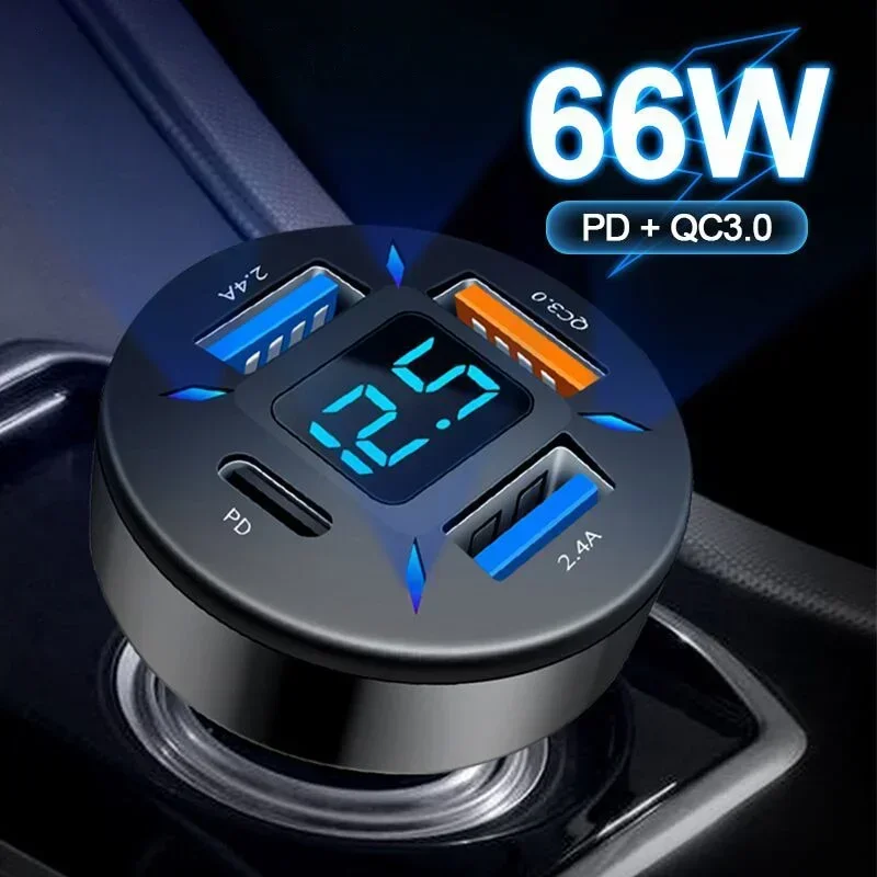 4 منافذ USB مهايئ شاحن سيارة للهاتف 66 واط شحن سريع PD شحن سريع 3.0 USB C شاحن هاتف السيارة