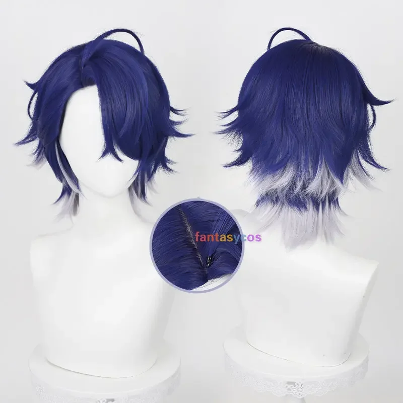 Honkai-Star Rail Sampo Koski Peruca Cosplay, Perucas Curtas Masculinas, Azul, Branco, Misto, Resistente ao Calor, Cabelo Sintético, Brincadeira de Halloween, 35cm