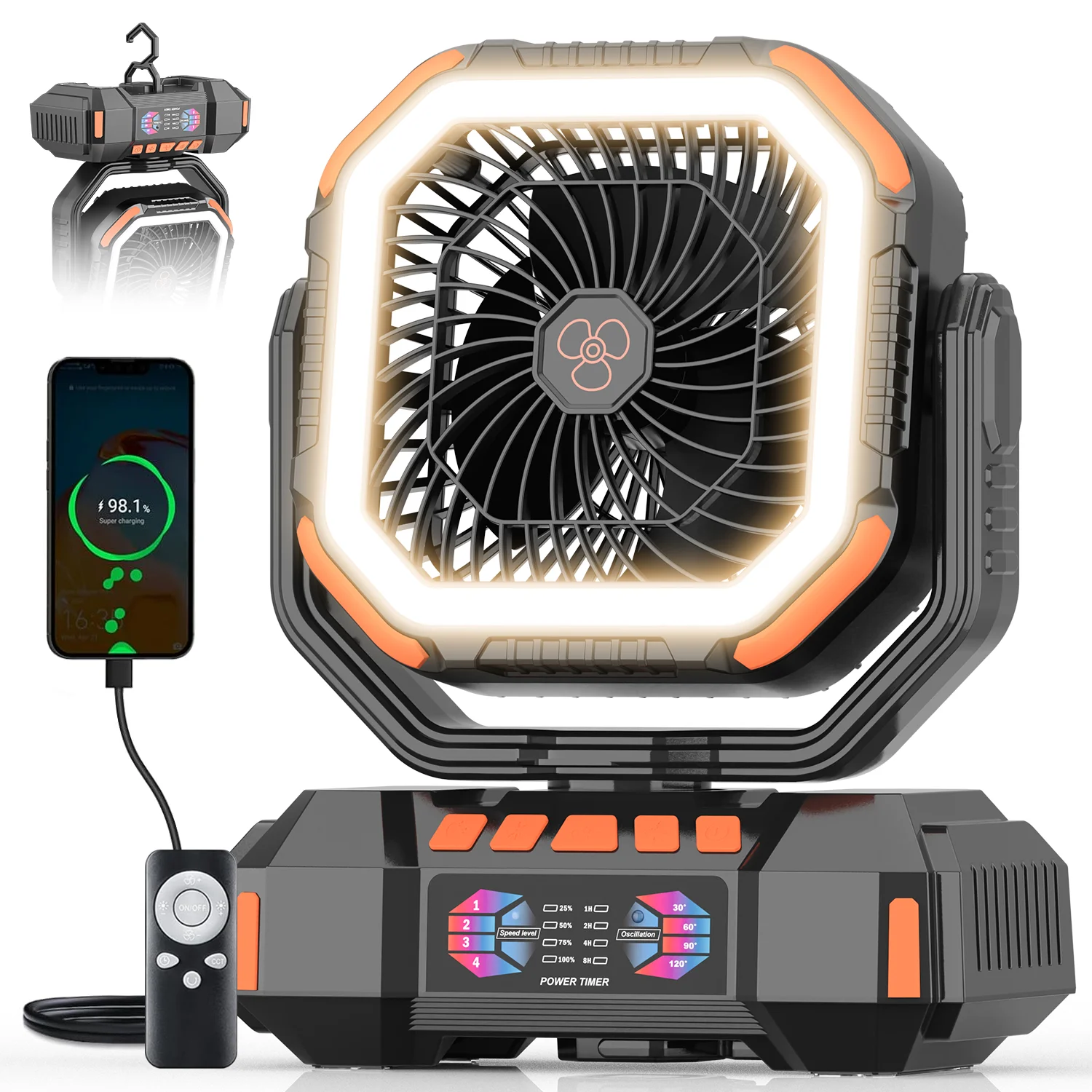 Outdoor Camping Fan 40000mAh, LED Light, Remote Timer, 360° Hook, Rechargeable Power Bank Fan for Tent, Patio, Power Outage