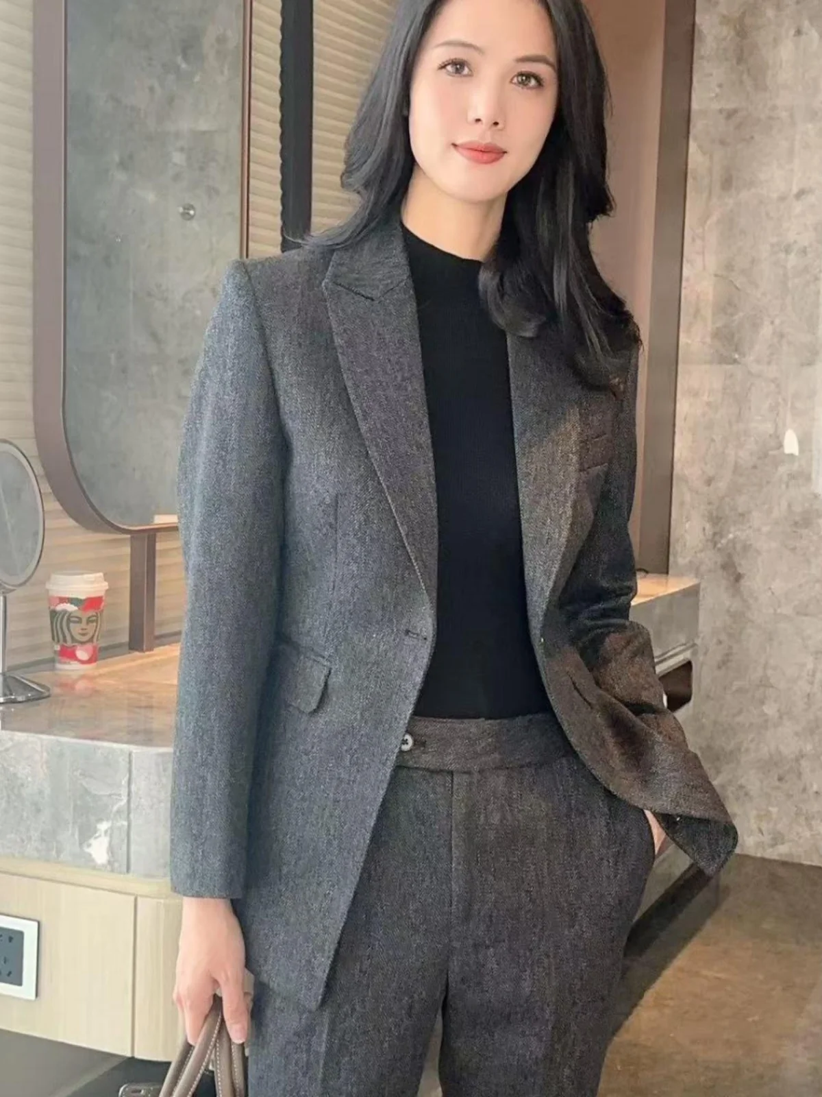 

Утепленный зимний женский костюм: пиджак на одной пуговице и брюки 7/8 длины, профессиональный деловой комплект с длинными рукавами