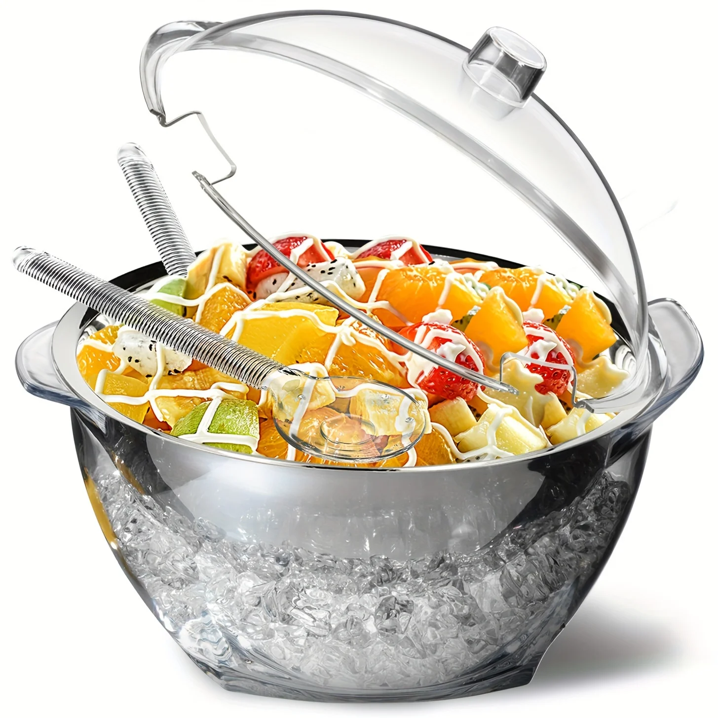 

Large Salad Bowl With Ice Chiller Base And Lid, Kitchen Refrigerated Veggie Tray With Two Long Spoons, Party Platters For Food,