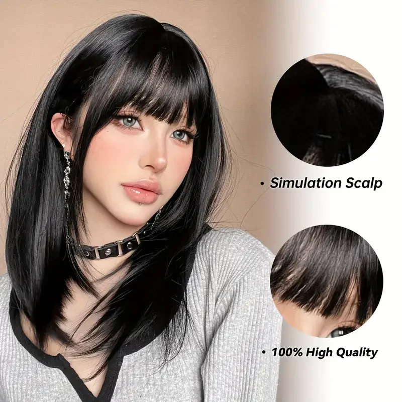 LOUIS FERRE Short Black Synthetic Wigs for Women Natural Black Straight Wigs With Bangs Daily Party Heat Resistant Fake Hair