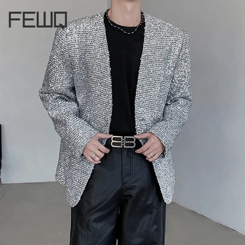 

FEWQ Sparkling Silver Men's Coat Loose Casual Versatile Collarless Leather Jacket 2024 Long Sleeve Male Tops Fashion 9C5089