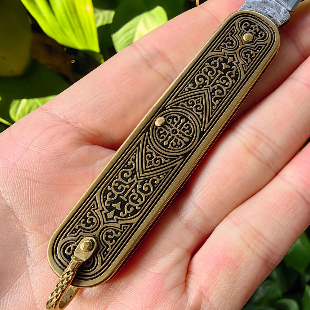 Imagem -04 - Multifuncional Damasco Keychain Pocket Knife Todos os Dias Carry Edc Mini Box Cutter Compact Lightpeso Survival Folding Knife