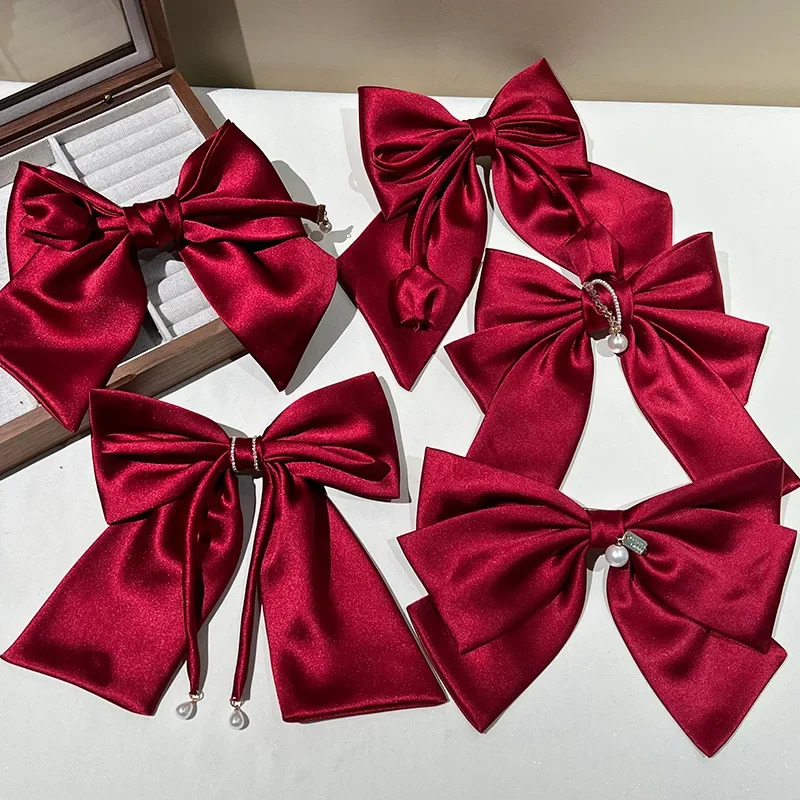

Korean Fashion Red Ribbon Bow Pearl Hair Clip Elegant Spring Clip Bride Wedding Party Headpiece Barrette Hair Accessories