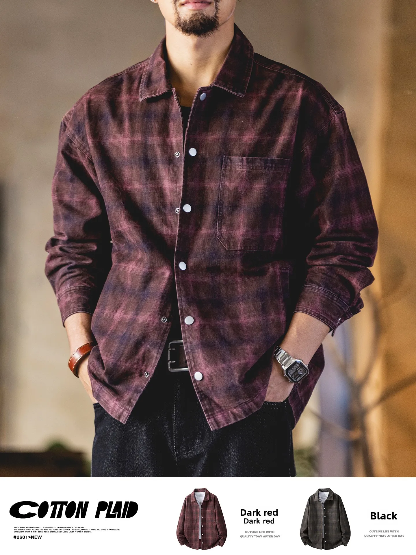 Washed American Red Plaid Long Sleeve Men's Shirt Loose Fit Casual Workwear Spring Autumn New Style Retro Style Cotton 100%