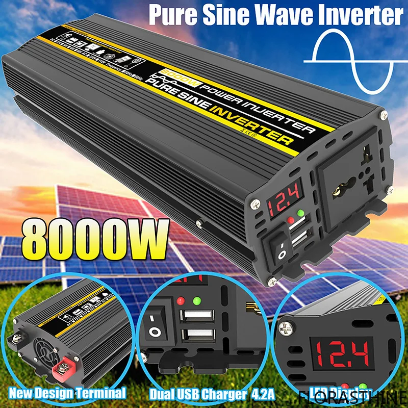 Pure Sine Wave Inverter DC 12V-AC 220V 3000W 4000W 6000W 8000W Portable Voltage Power Converter Car Home Outdoor Solar Inverter