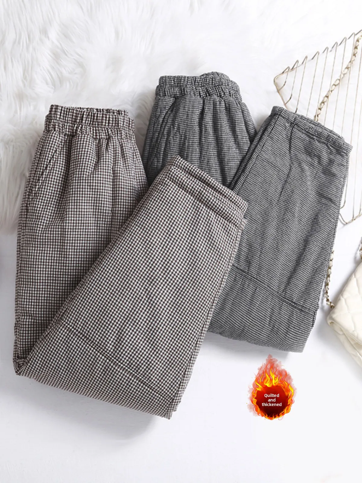 

Winter Thiened Cotton Linen Plaid Harlan Pants Women's Casual Loose Fit Trousers Warm Sli plus Size Commute Sle