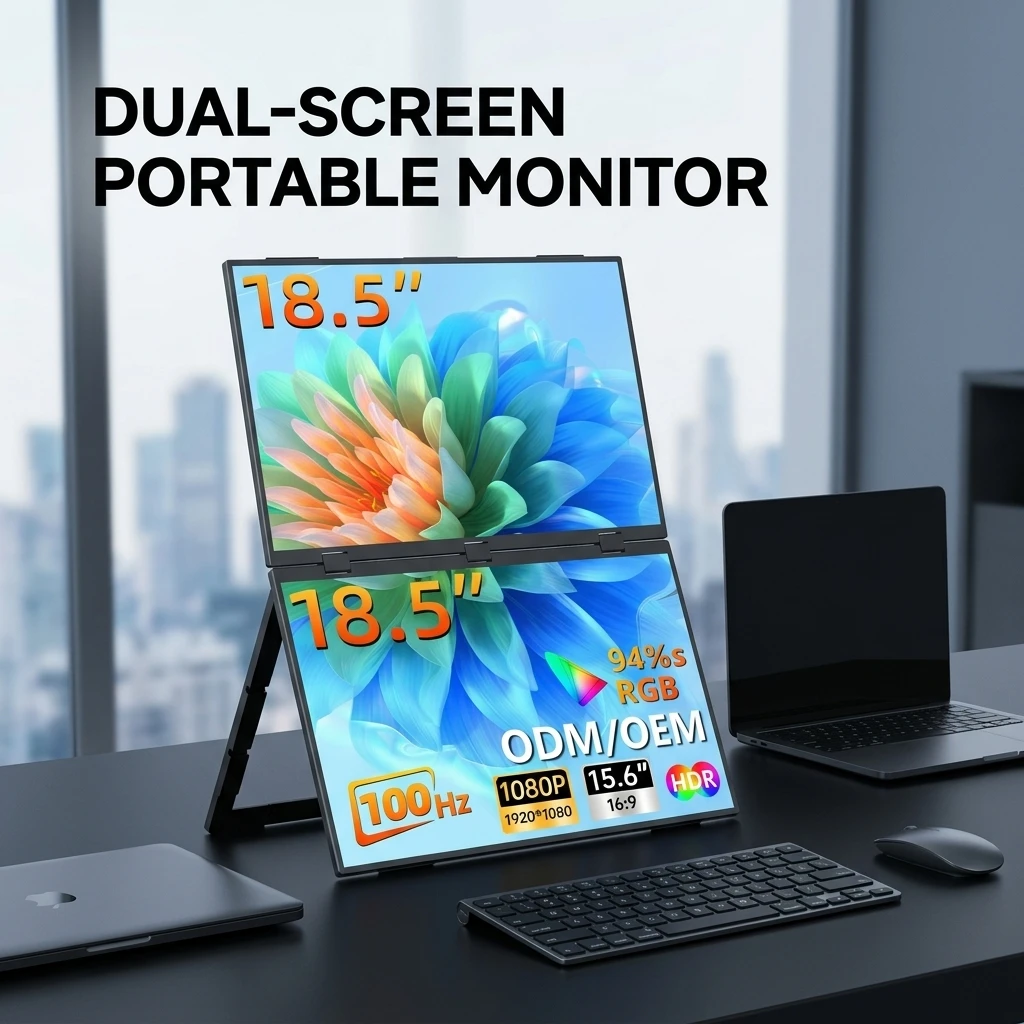 Dual 18.5 Inch Monitor Stacked Dual Monitor FHD IPS Dual Screen Portable Monitor Laptop Screen Extender With Foldable Stand