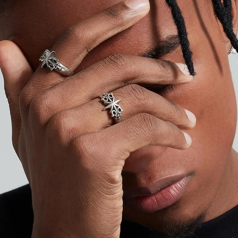 2-piece retro square star ring set with silver carved cross star opening adjustable ring, hip-hop men's and women's jewelry