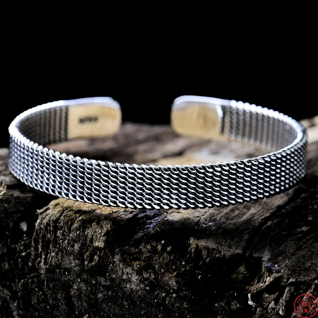 BOCAI New S925 Sterling Silver Charms Bangle for Men Women Antique Mesh Woven Pattern Wide Bracelets Fine Choice Jewelry