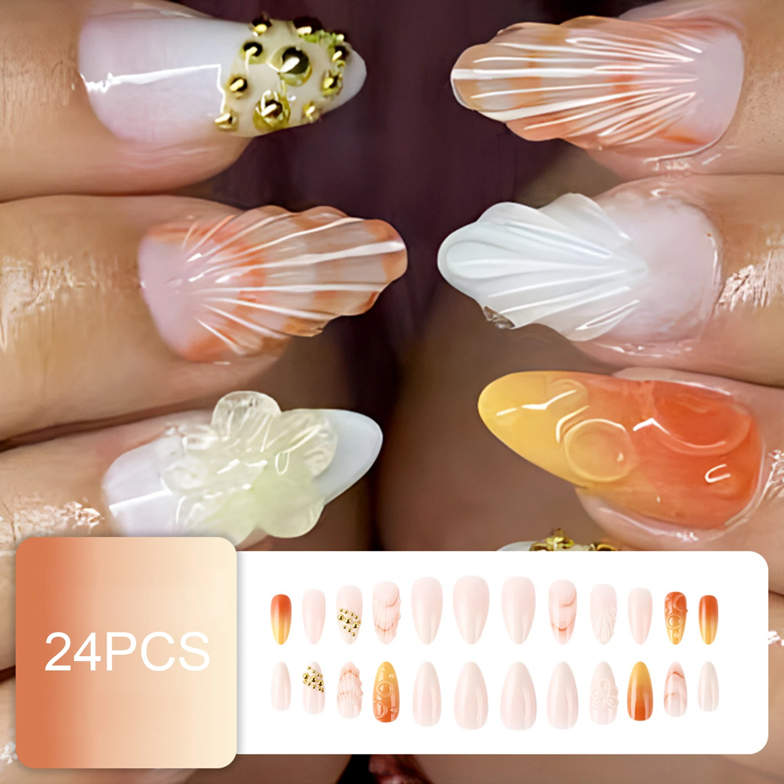 24pcs Gentle Autumn Day False Nail Tips Stereo Flower Seashells Gold Ball Decor Press On Nail Glossy Almond French Style Nails