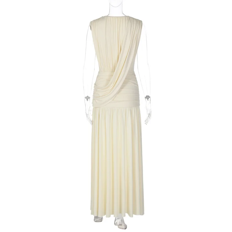 Mozision Elegant Deep V Neck Sexy Maxi Dress Women Fashion Sleeveless Draped Ruched Waist Bodycon Club Party Long Dresses Female