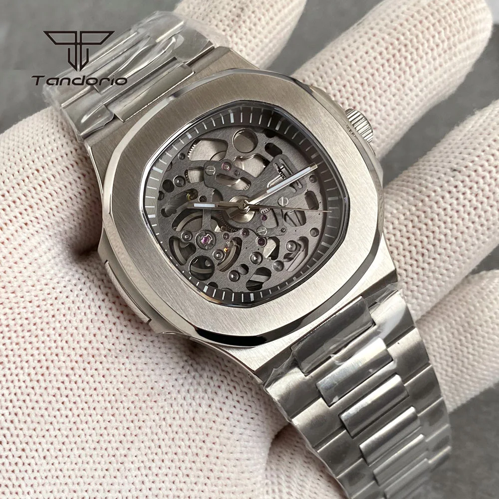 

Tandorio Skeleton Mechanical NH72 Stainless Steel 40mm Brushed Square Automatic Watch Sapphire Men's Wristwatch Hollow Dial