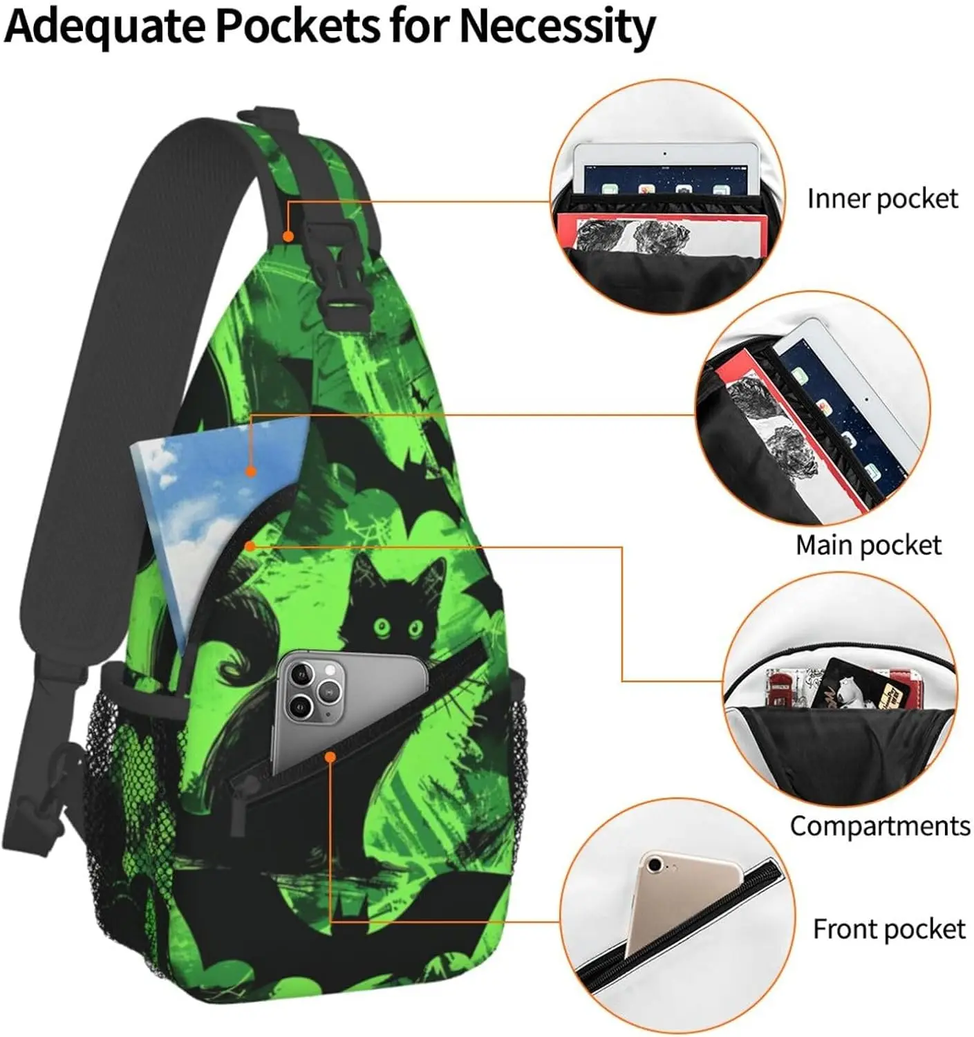 Летучая мышь, призрак, ужас, Хэллоуин, черный, зеленый рюкзак на плечо, фестиваль, спортивный повседневный рюкзак, нагрудная сумка для путешествий, пешего туризма, бега