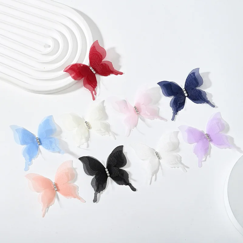 10pcs 5.2cm Mesh Double Layered Diamond Colored Butterfly Tulle DIY Handicraft Hair Accessories Headwear Clothing Decoration